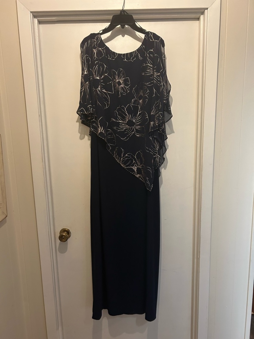 SLNY Navy Maxi Dress with White Floral Overlay